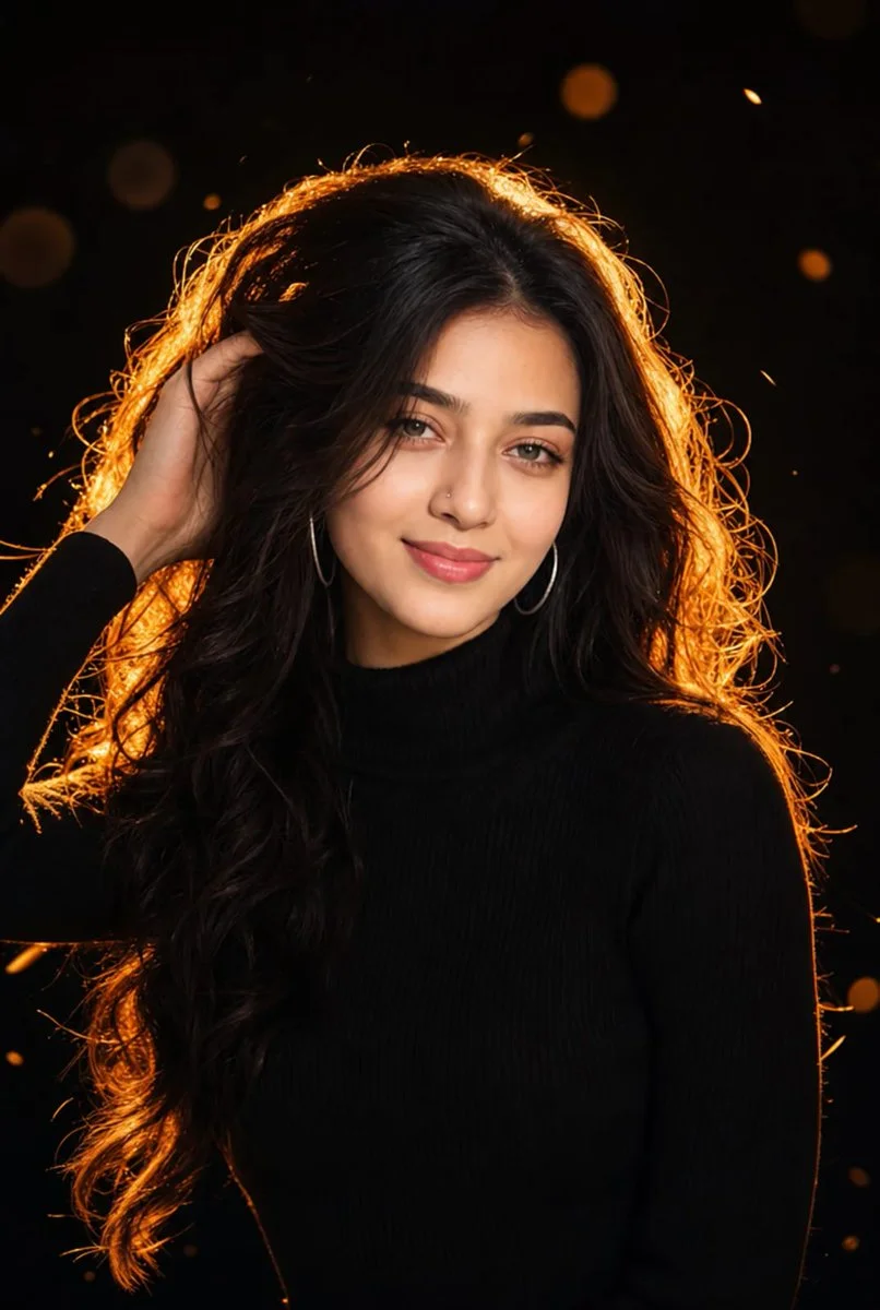 Woman with golden-lit black hair touches her hair in studio