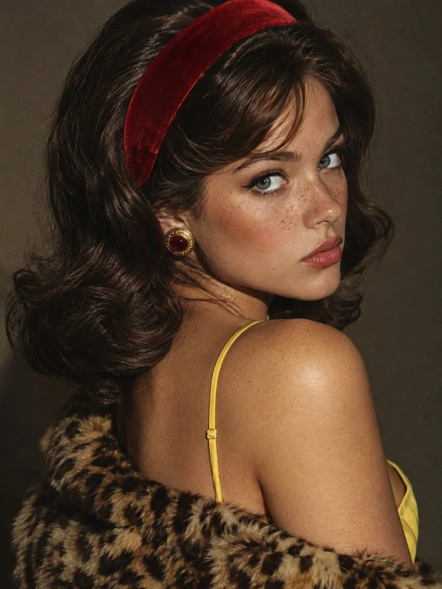 Woman with red headband glances over shoulder in warm studio light