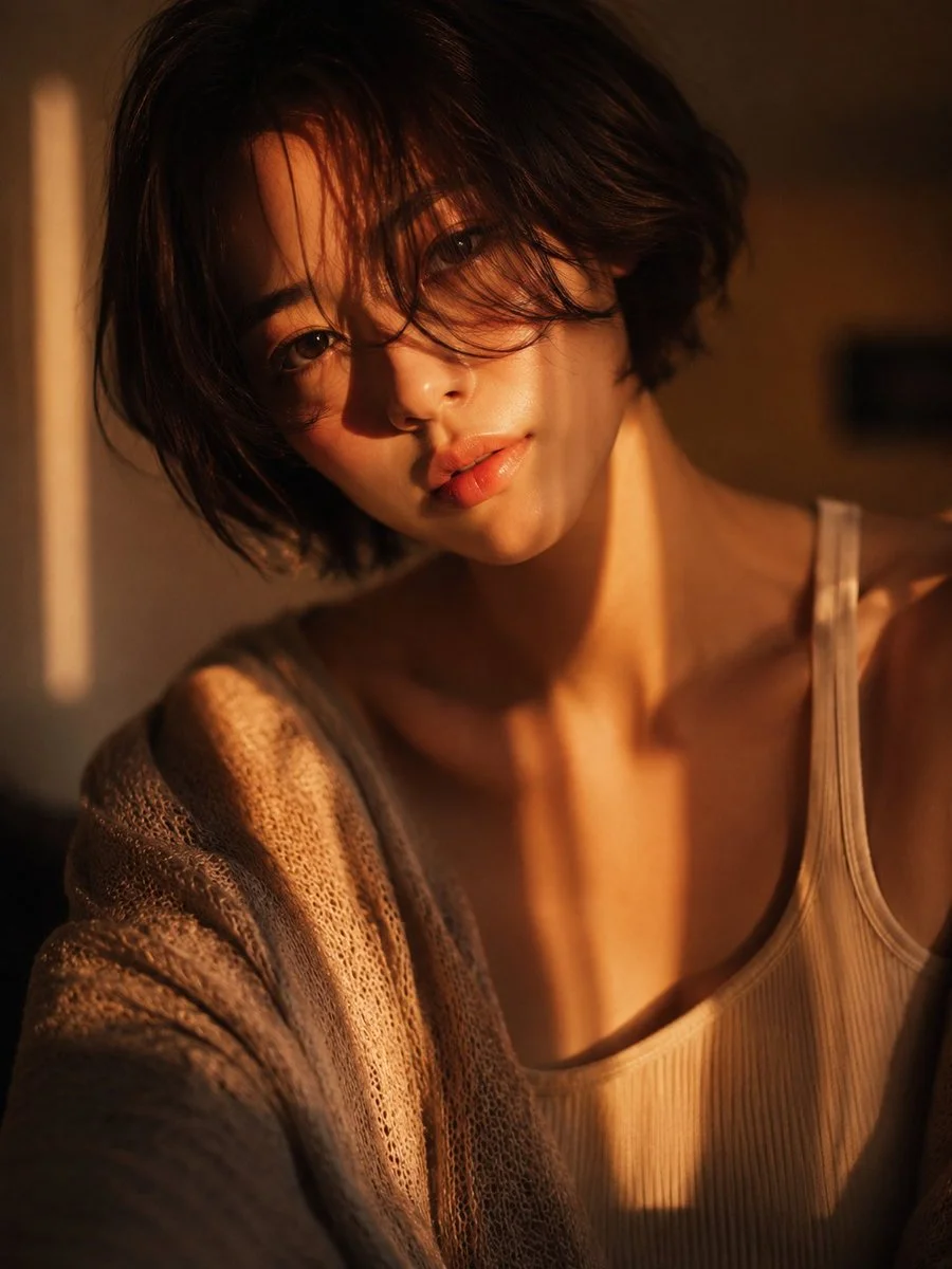 Woman with short bob hair catches golden hour shadows in a moody room
