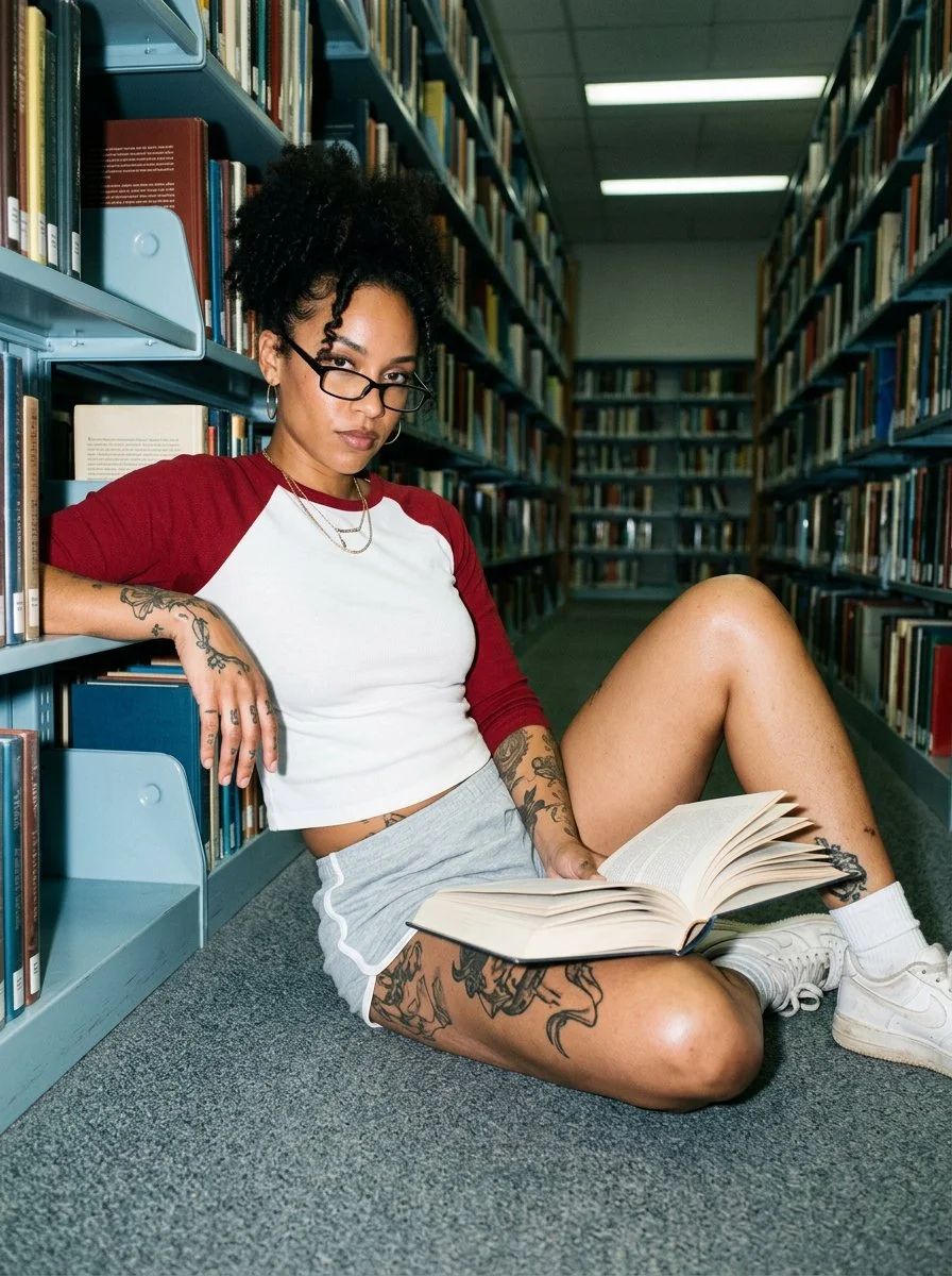 Woman with tattoos reclines on carpet reading in library aisle