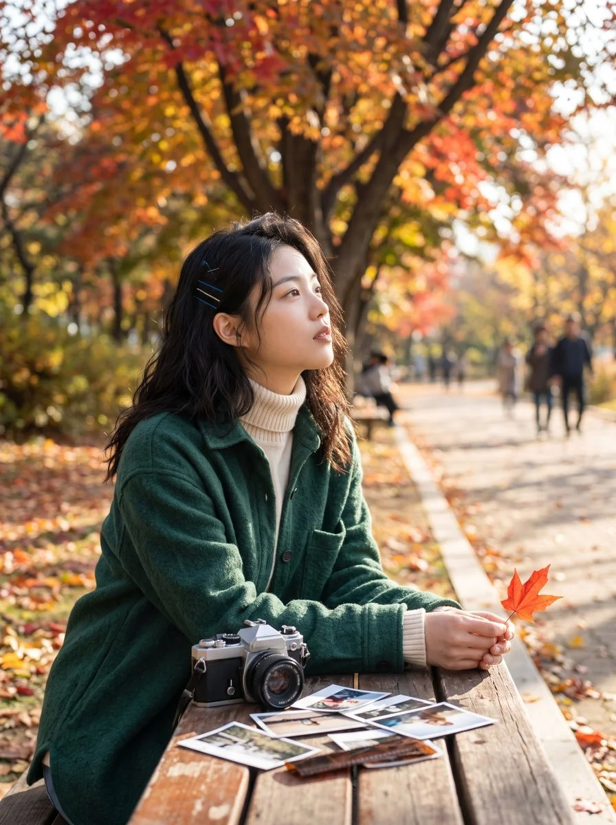 Woman with vintage camera pretends to admire autumn leaves in sunny park