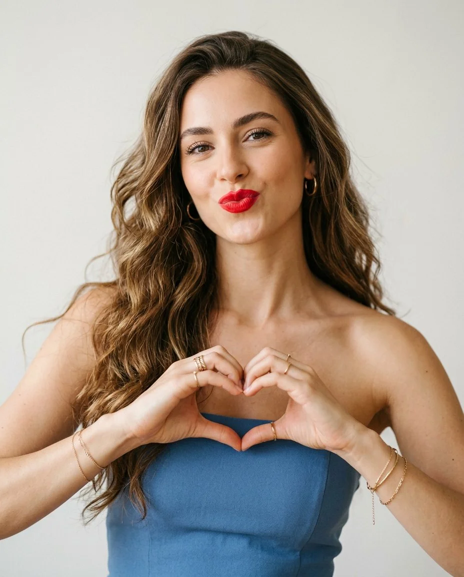 Woman with wavy brown hair forms heart with hands