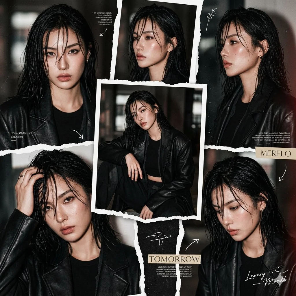 Woman with wet black hair poses in torn-paper collage frames.