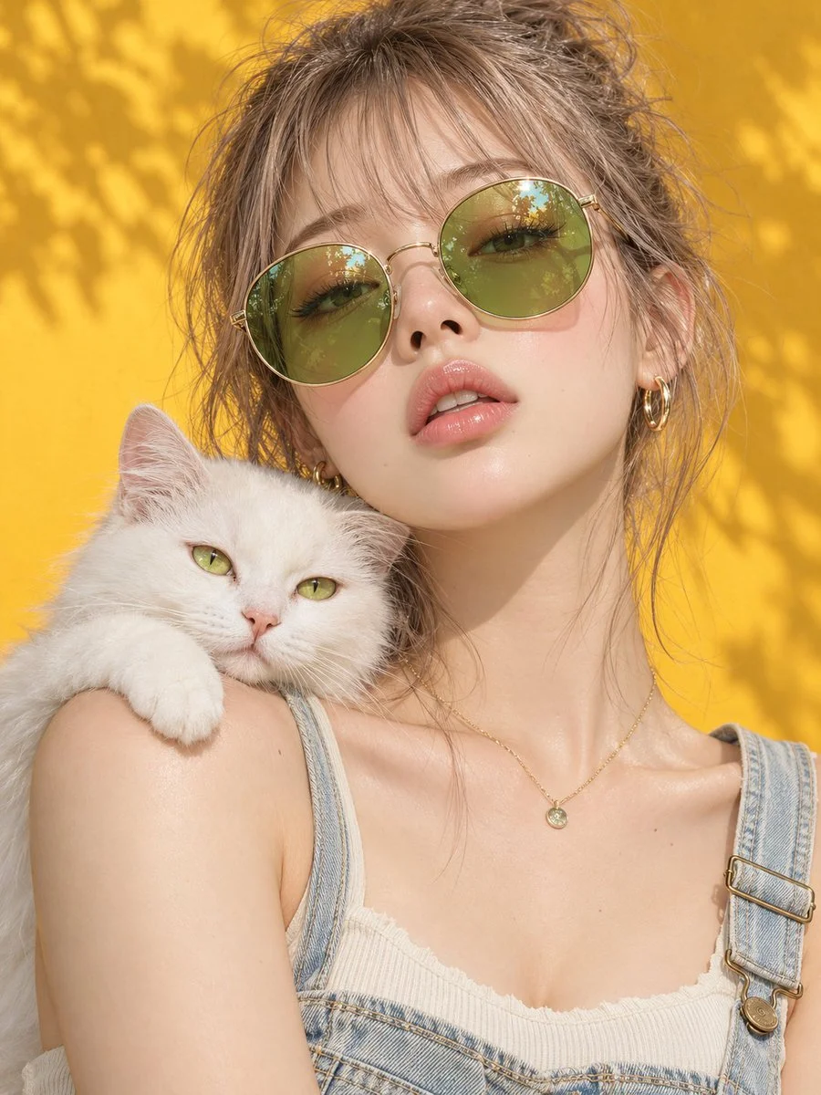 Woman with White Cat on Shoulder Before Yellow Wall