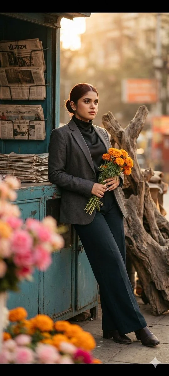 Woman with wind-blown hair holds marigolds at vintage newsstand