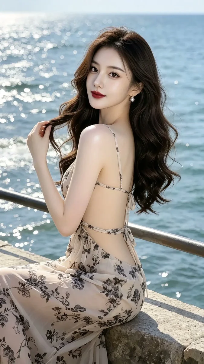 Woman with windblown curls sits on stone railing by glittering sea