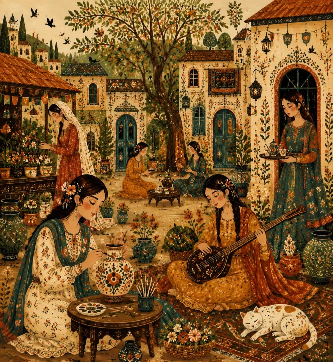 Women in traditional attire paint pottery in a sunny courtyard village