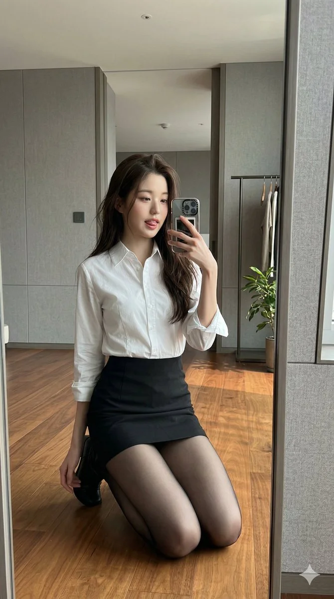 Wonyoung's Playful Mirror Selfie in Modern Minimalist Room