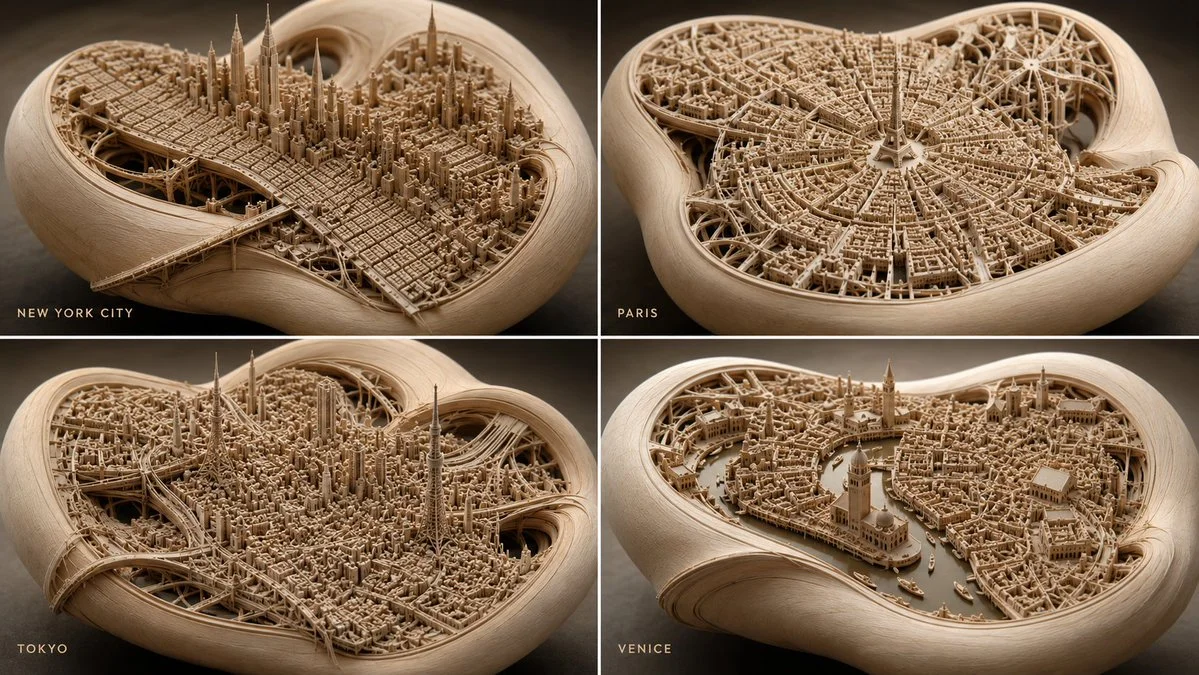 Wooden cityscape twists on a knot with infinite streets