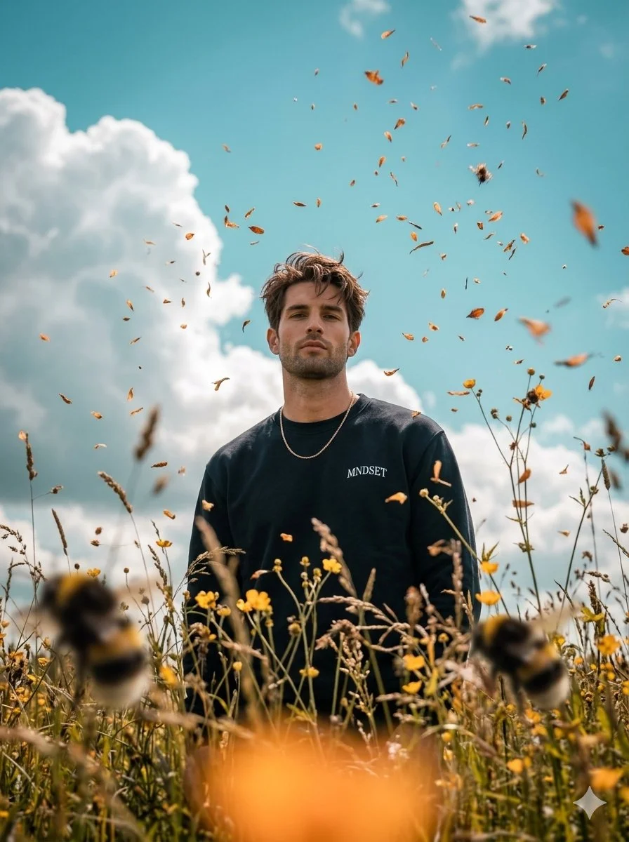Worm's-Eye Portrait Amid Floating Petals