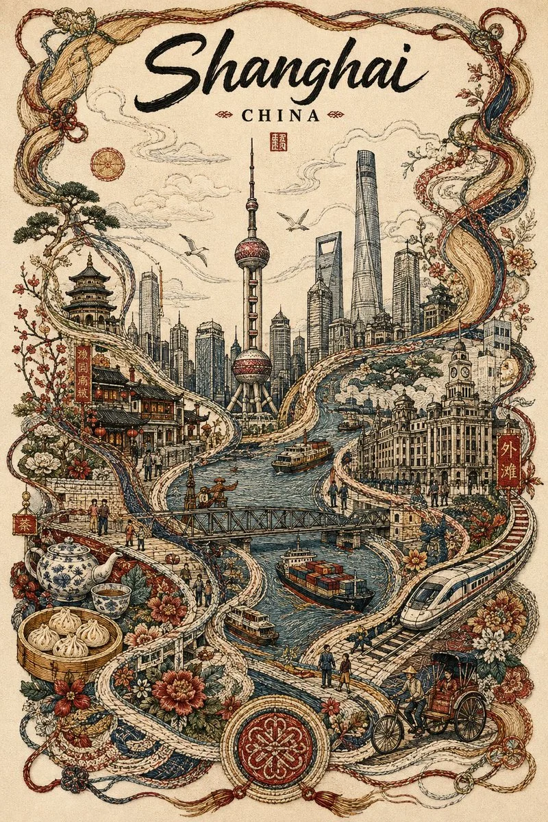 Woven threads of Lisbon rise as a tapestry travel poster