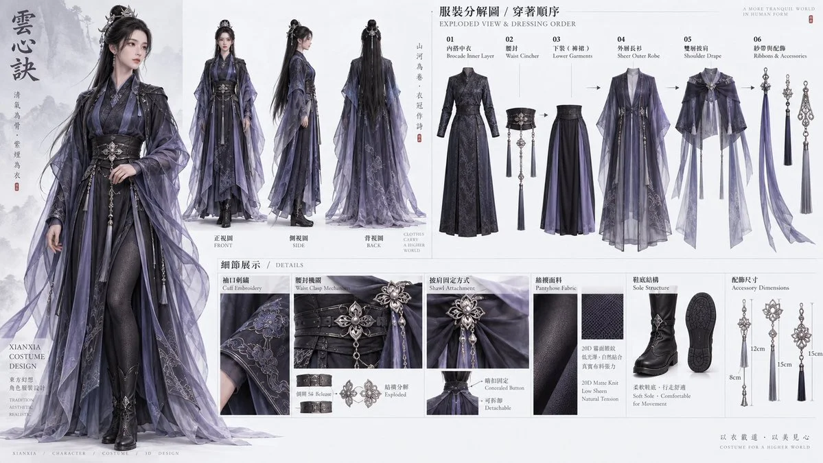 Xianxia costume industrial design sheet for a female cultivator