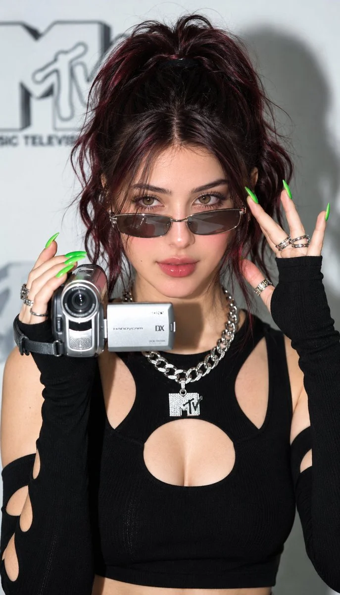Y2K fashion portrait of woman holding silver camcorder in studio