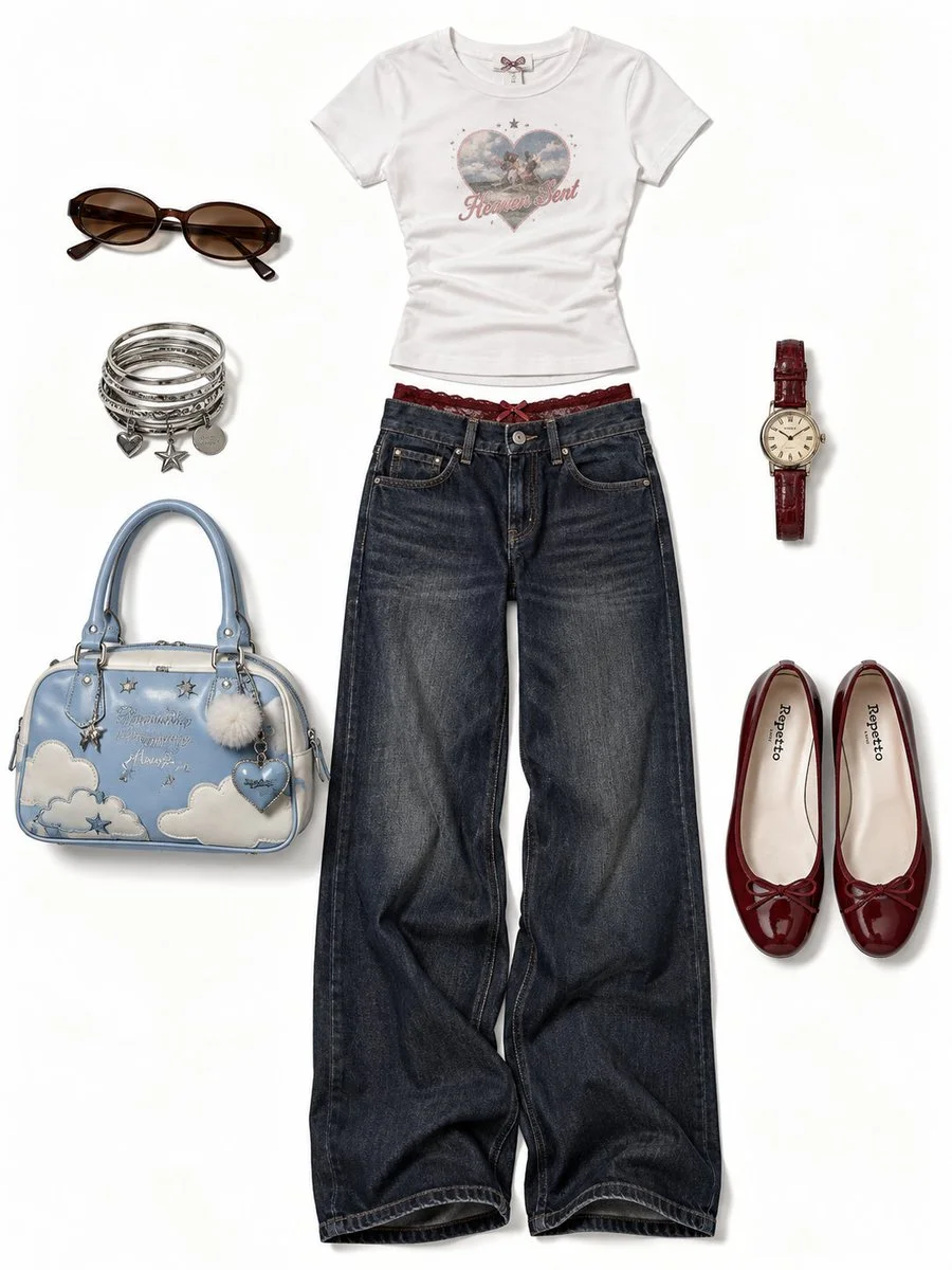 Y2K flat-lay fashion collage of white tee and jeans on pure white background