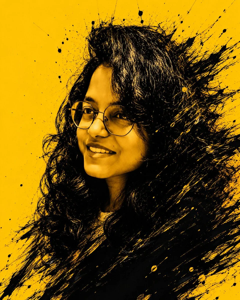 Yellow backdrop frames a dark silhouette with explosive ink strokes
