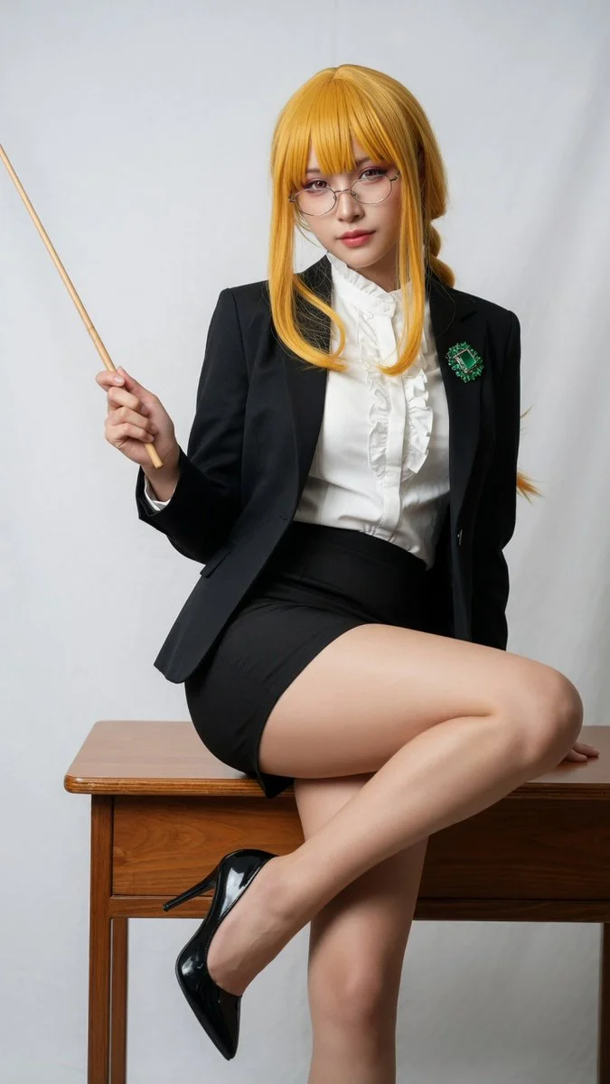 Yellow-haired teacher Makima holds a pointer in high heels