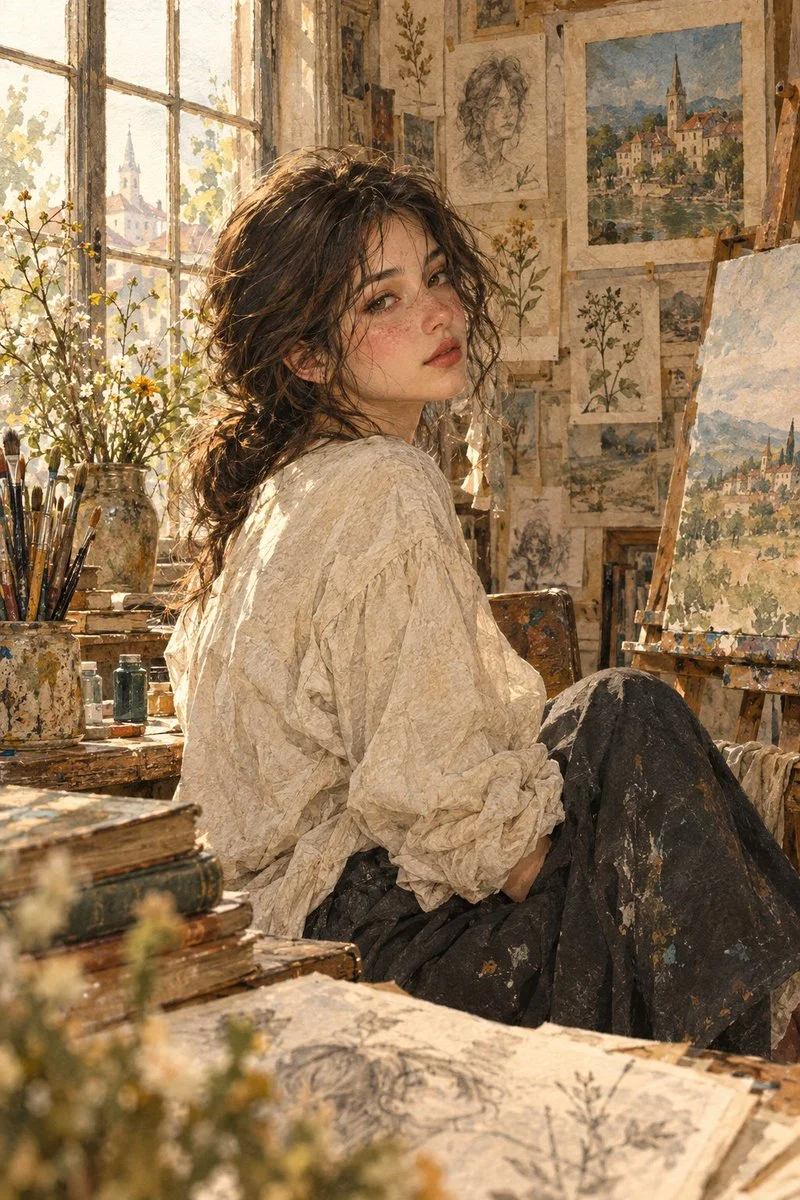 Young Artist Glances Back in Sunlit Vintage Studio