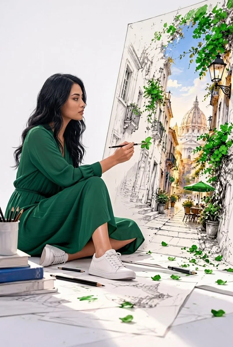 Young artist sits beside canvas merging sketch and vibrant city