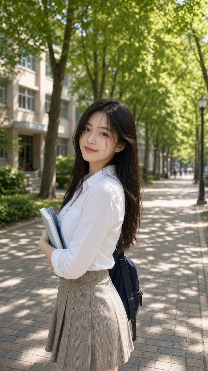 Young Asian college girl smiling gently on sunny campus path