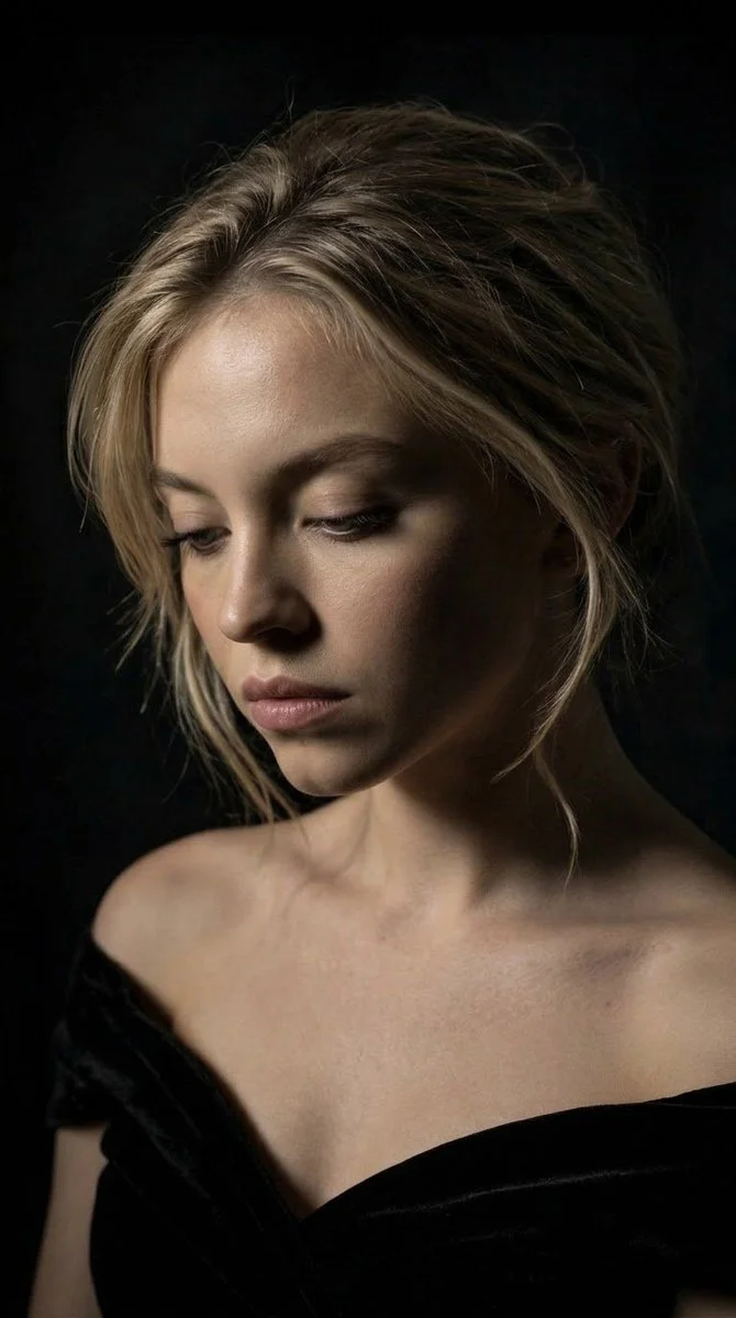 Young blonde woman in velvet gown gazes downward in moody studio portrait