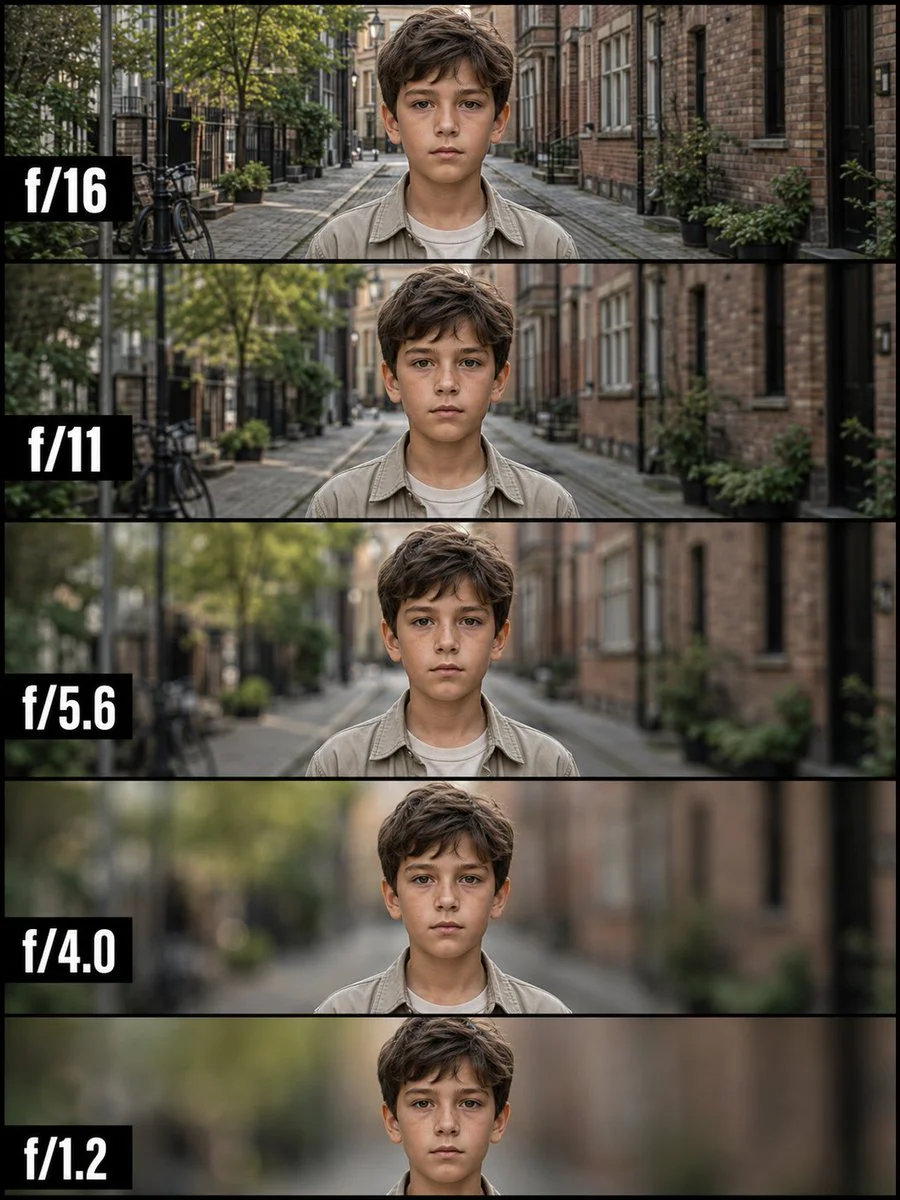 Young boy's portrait varies across five aperture settings from f/16 to f/1.2