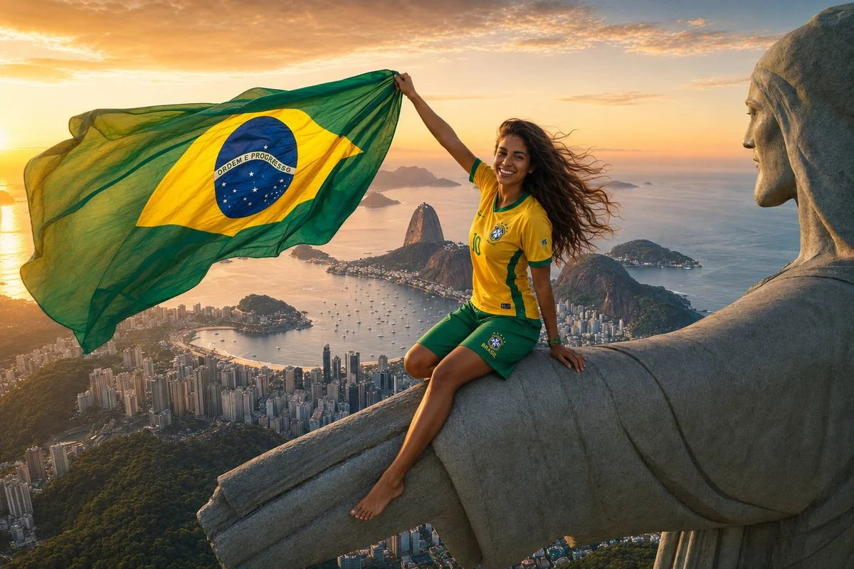 Young Brazilian fan lifts flag atop Christ the Redeemer at sunset