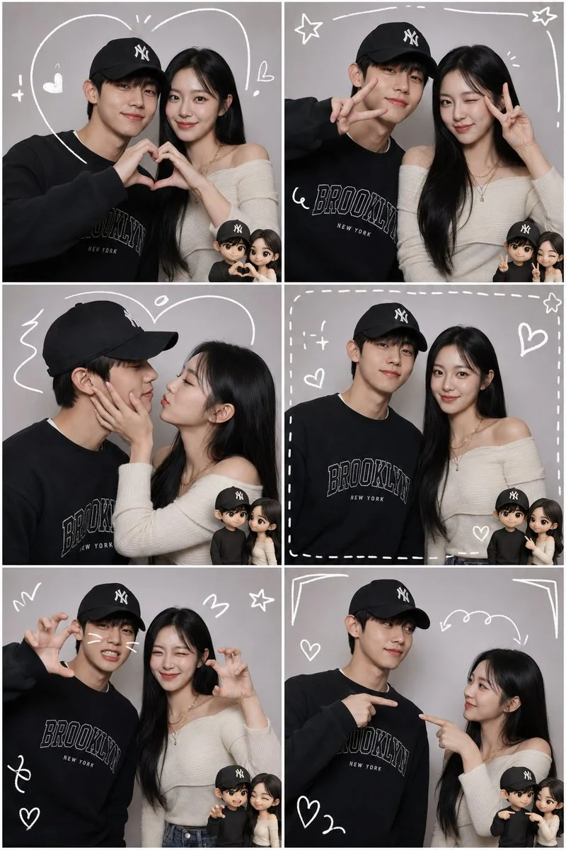 Young couple in six playful poses on gray photobooth collage