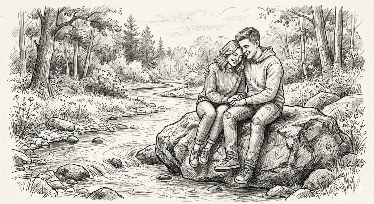 Young couple share a tender moment by the whispering river in pencil sketch.