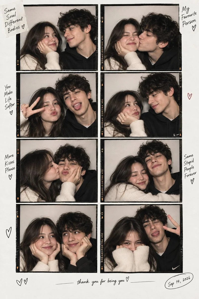 Young couple shares laughter in vertical photobooth contact sheet collage