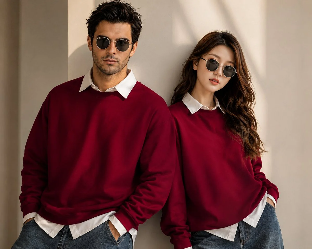 Young couple stands in beige luxury interior wearing deep red sweatshirts