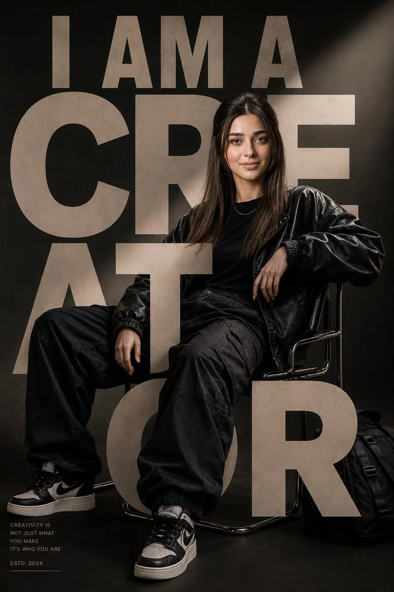 Young creator sits on chrome chair in luxury streetwear