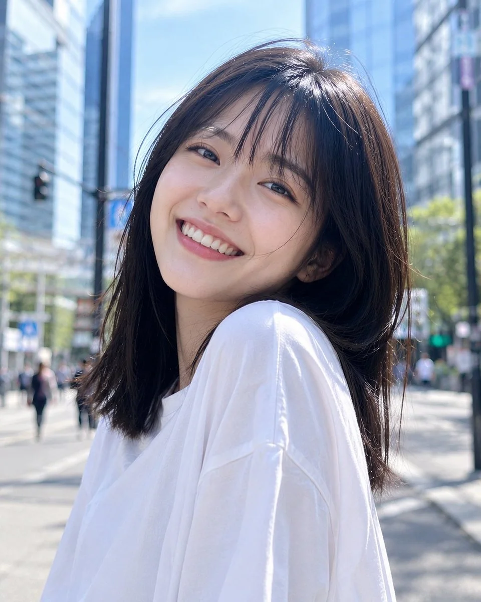 Young East Asian woman laughs in bright sunlight, city bokeh behind her