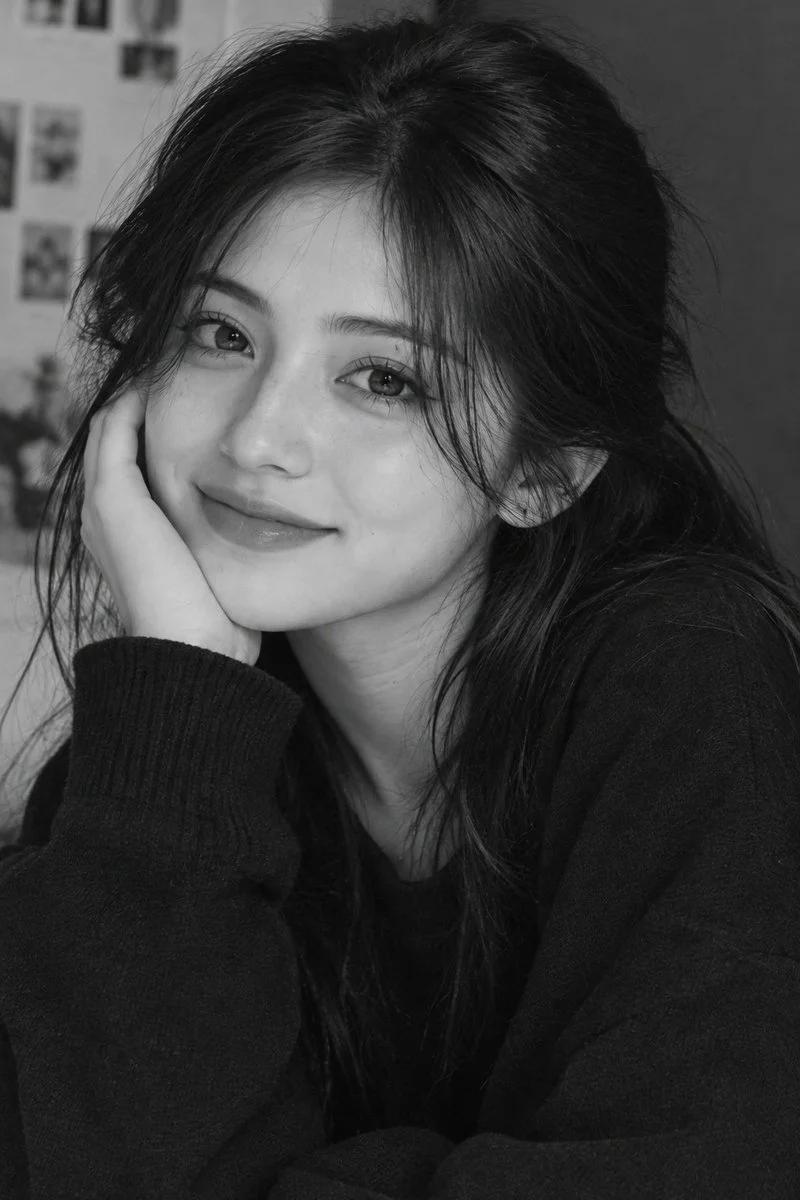 Young East Asian Woman Smiles Softly in Monochrome Portrait