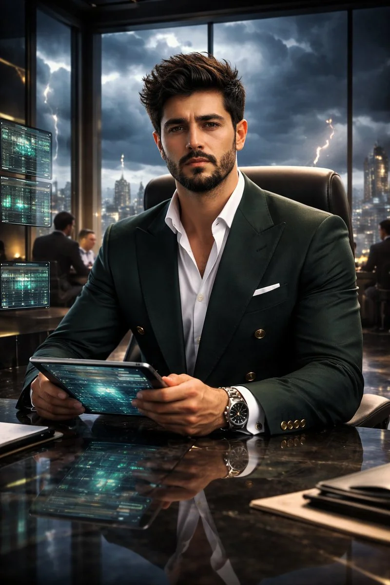 Young executive leads crisis strategy in storm-lit high-rise