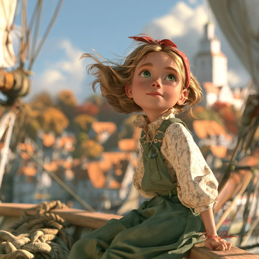 Young Girl Sits on Boat with Windblown Hair