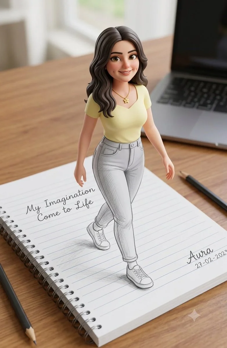 Young girl steps out from a spiral notebook page in 3D illusion