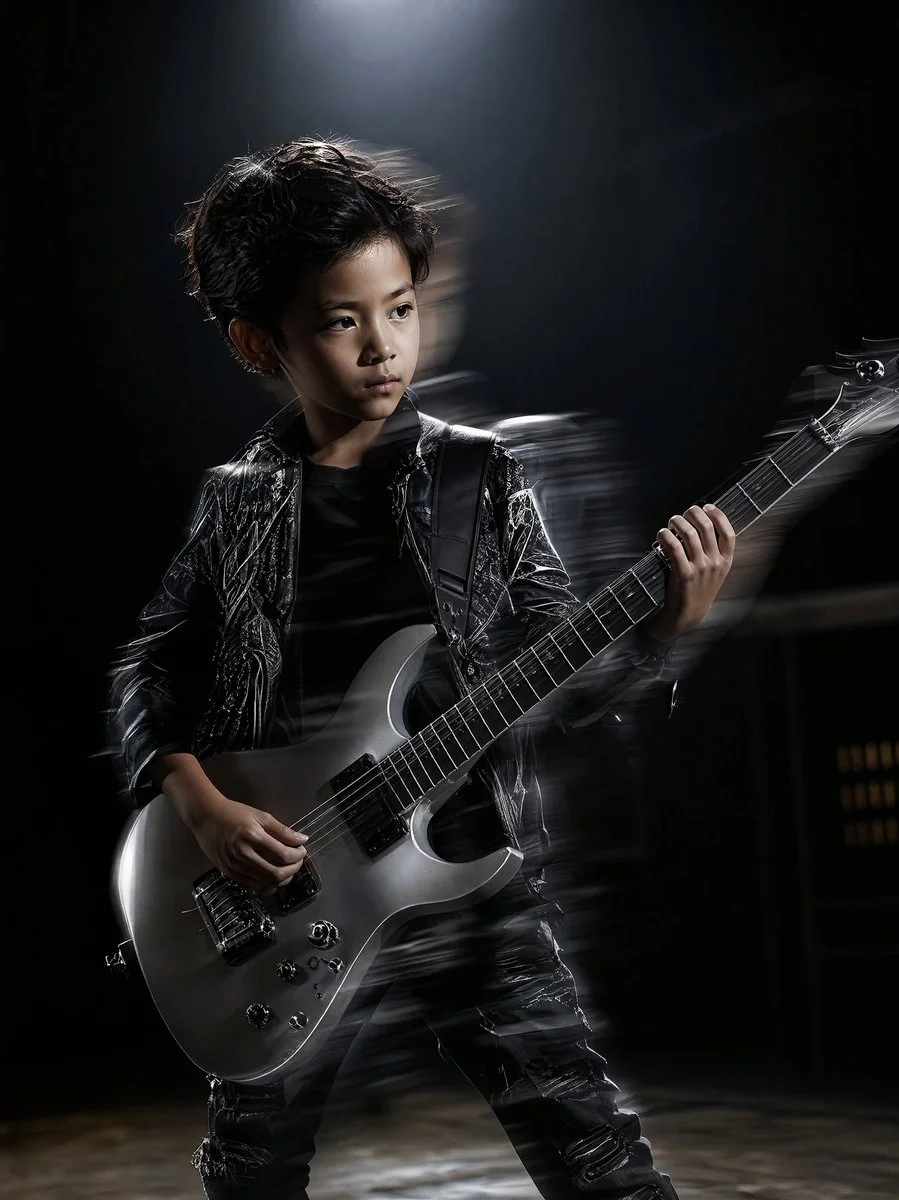 Young Guitarist Under Spotlight in High-Contrast Studio