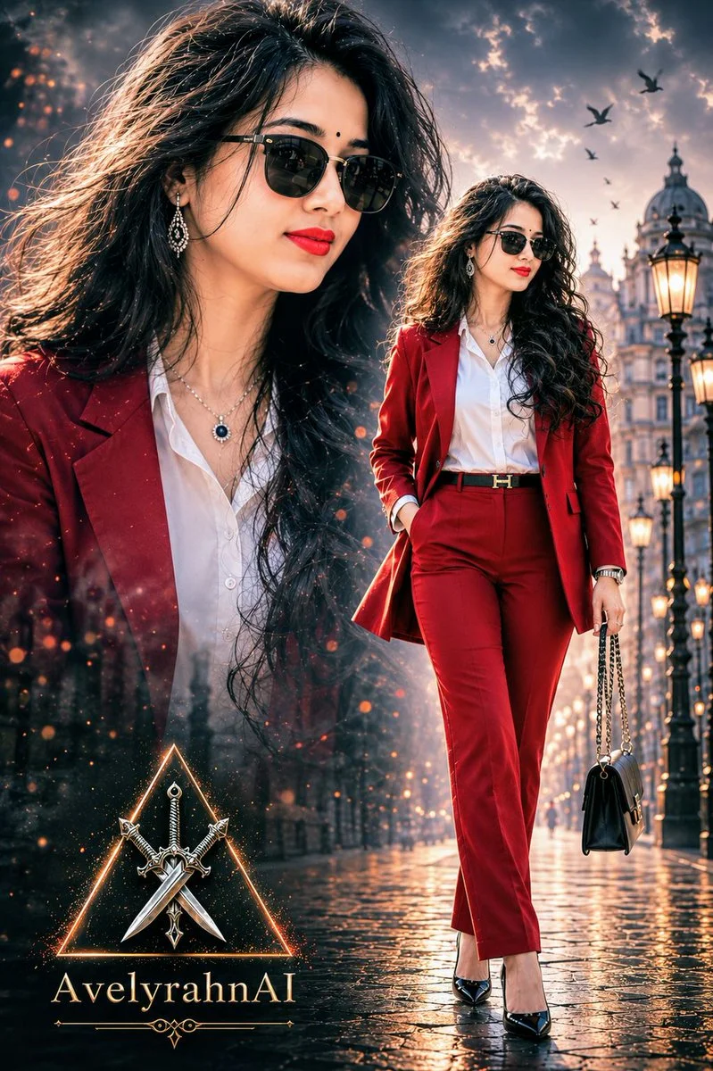 Young Indian woman in red suit strides through a double exposure dreamscape