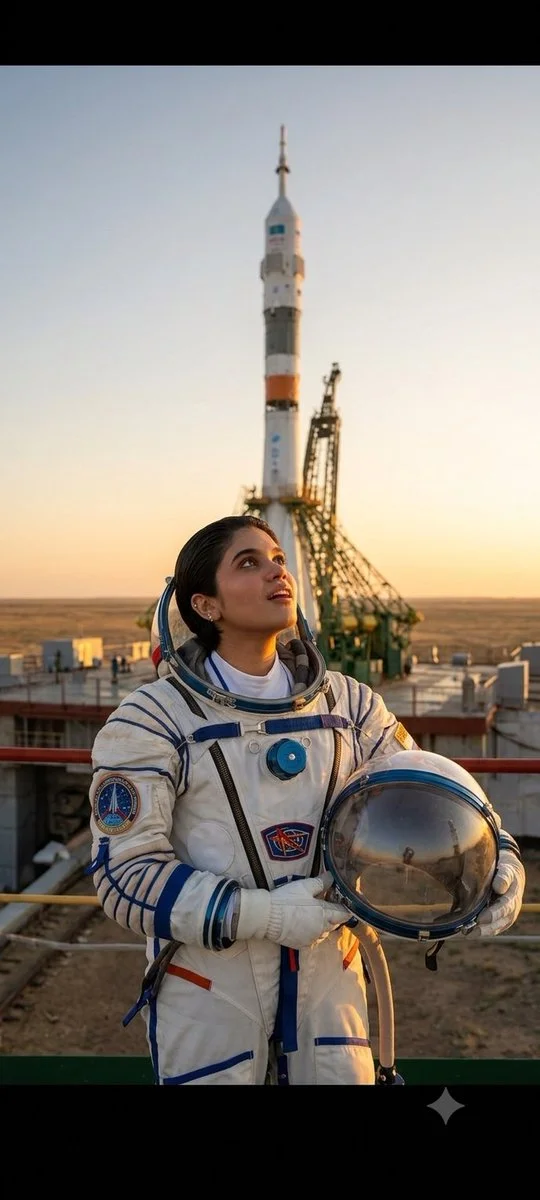 Young Kazakh cosmonaut gazes at Soyuz rocket during golden hour