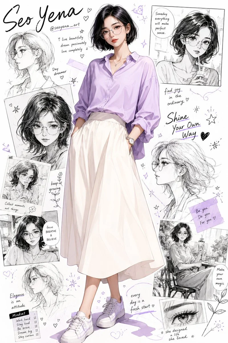 Young Korean woman in lilac blouse poses before artistic collage