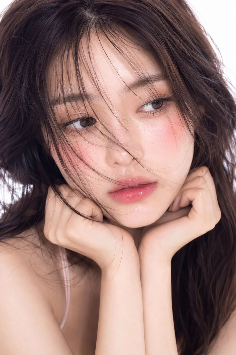 Young Korean woman with dewy glass skin poses in bright studio light
