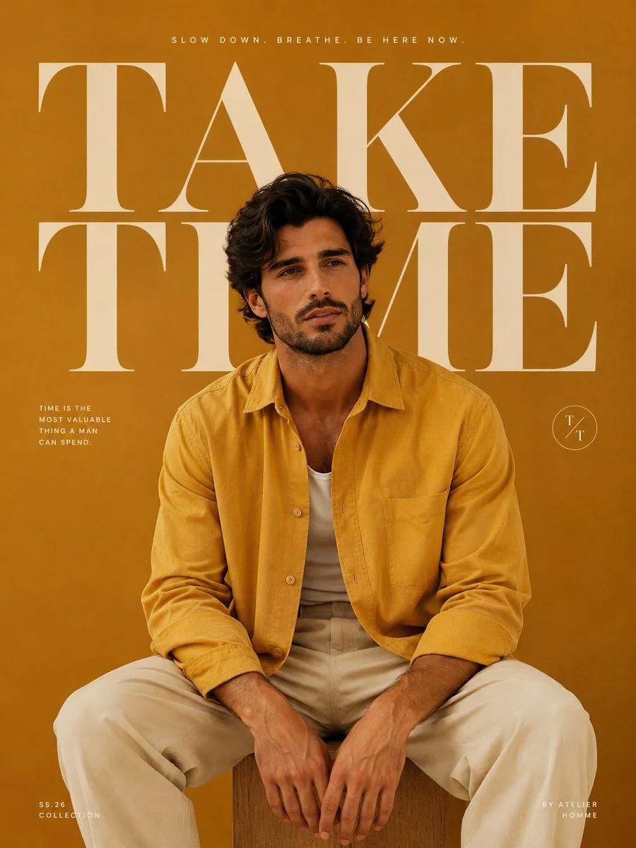 Young male model sits calmly in vivid mustard overshirt