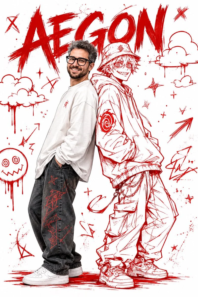 Young man and his red anime twin lean back-to-back on white