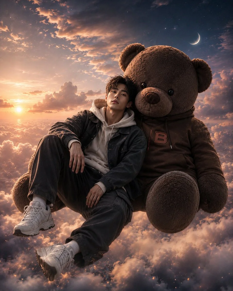 Young man floats on clouds with giant teddy at sunset