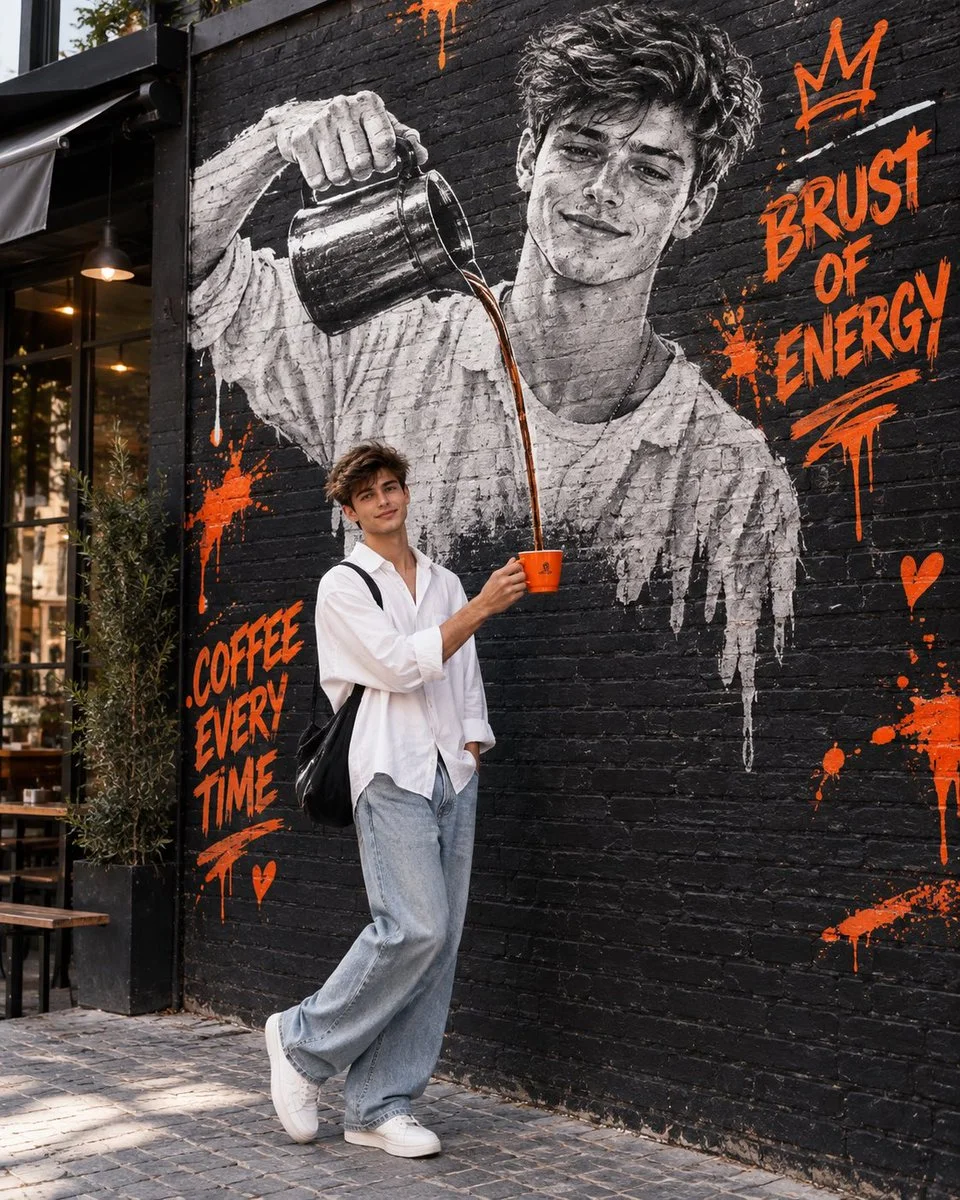Young man holds orange coffee cup beneath giant mural in urban alley