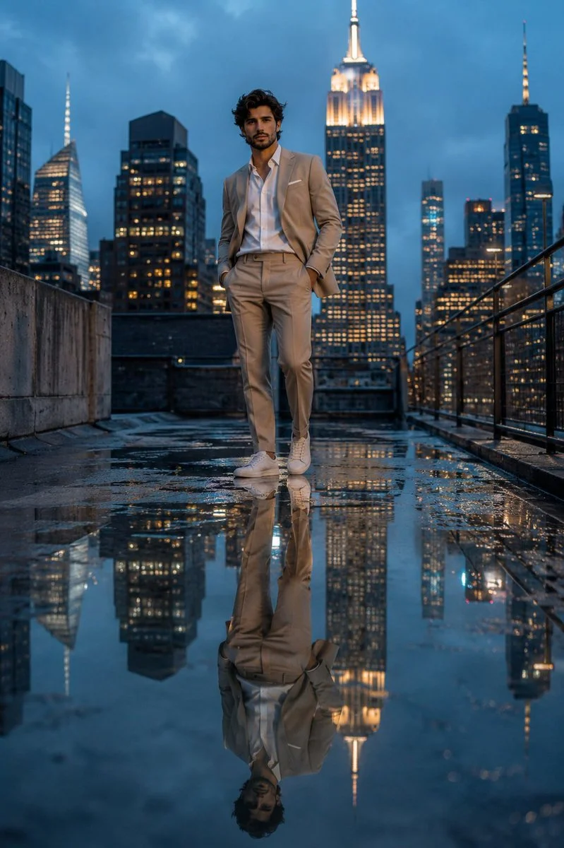 Young man in beige suit reflects in Manhattan rooftop puddle