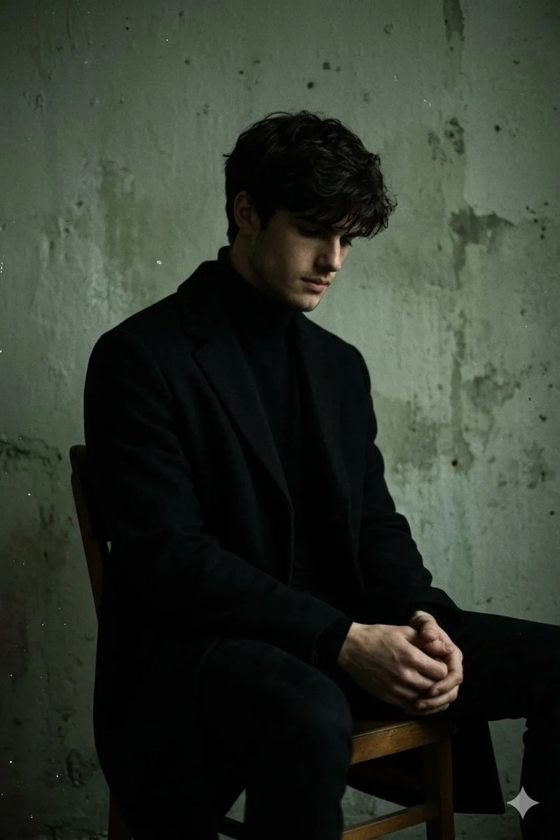 Young man in black coat sits in dim room with melancholic gaze.