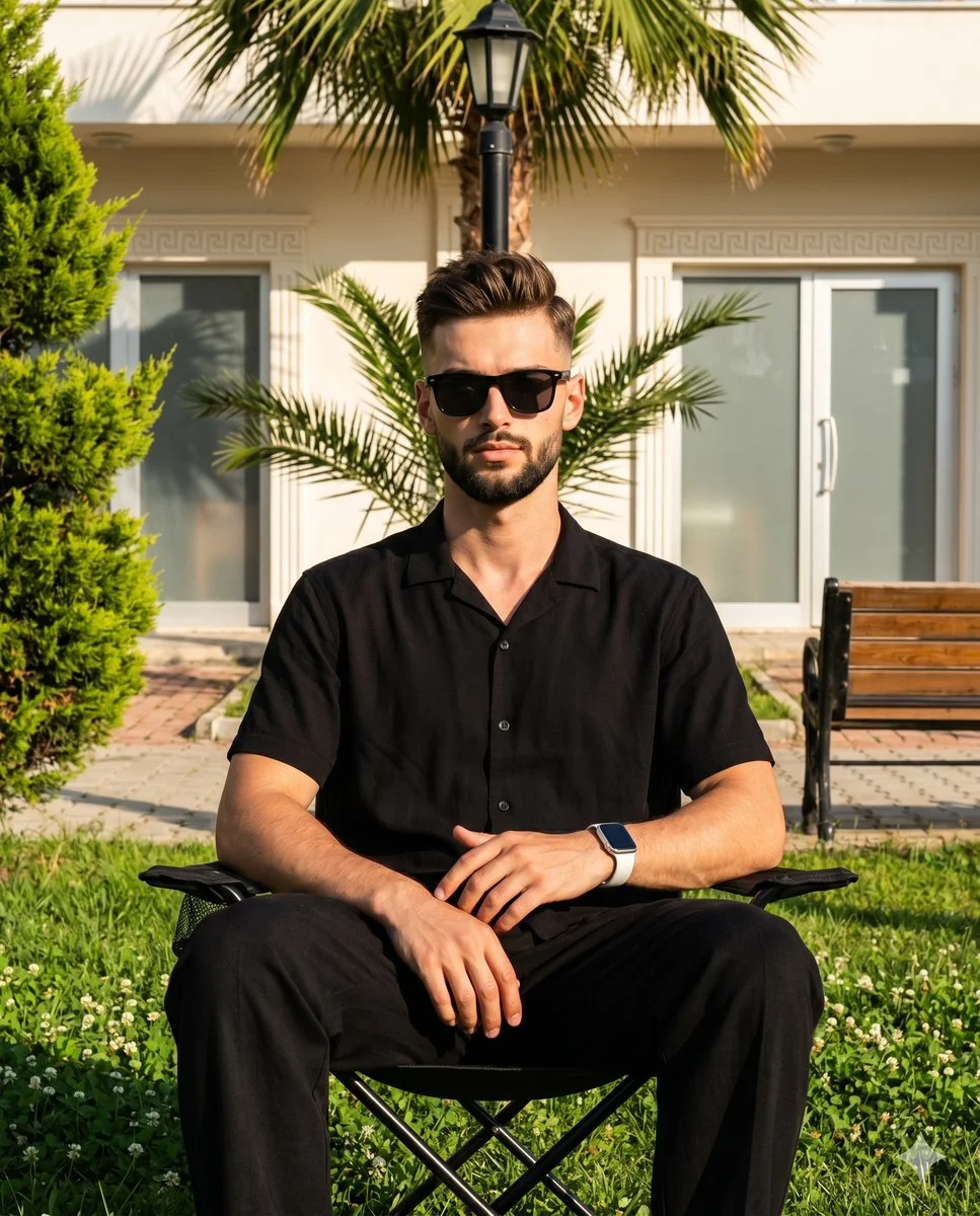 Young man in black ensemble sits confidently by resort streetlamp
