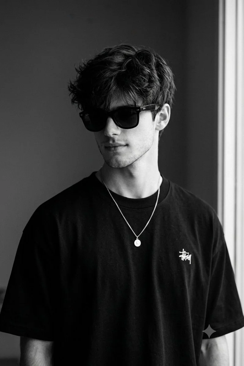 Young man in black sunglasses poses with confident streetwear style