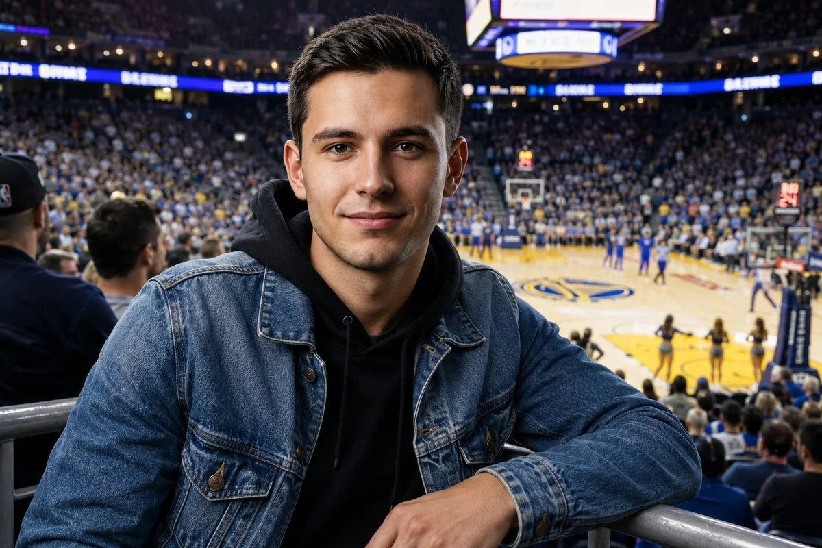 Young man in denim jacket watches basketball game from stands